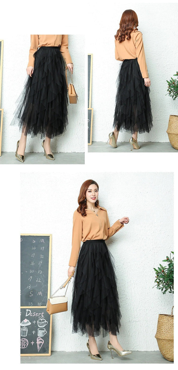 Aurora | Elegant High Waist Tiered Tulle Midi Skirt