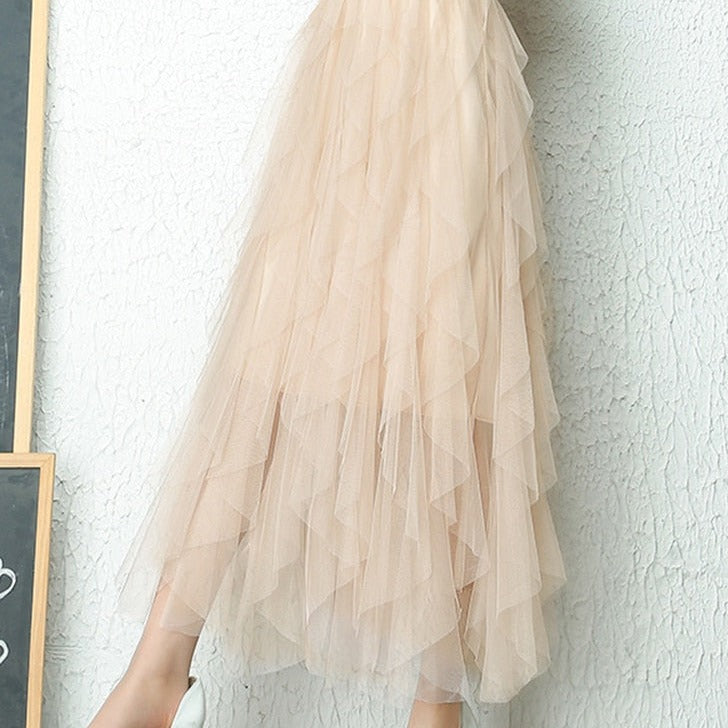 Aurora | Elegant High Waist Tiered Tulle Midi Skirt