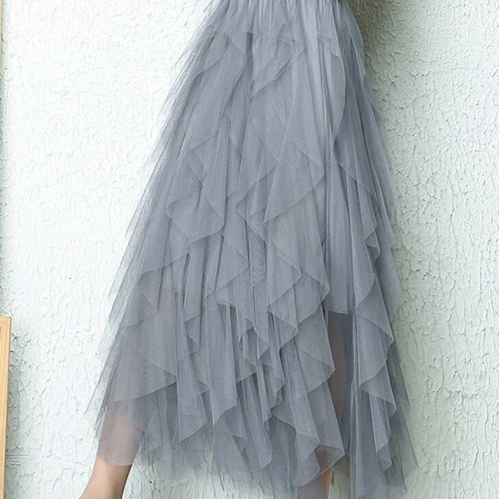 Aurora | Elegant High Waist Tiered Tulle Midi Skirt