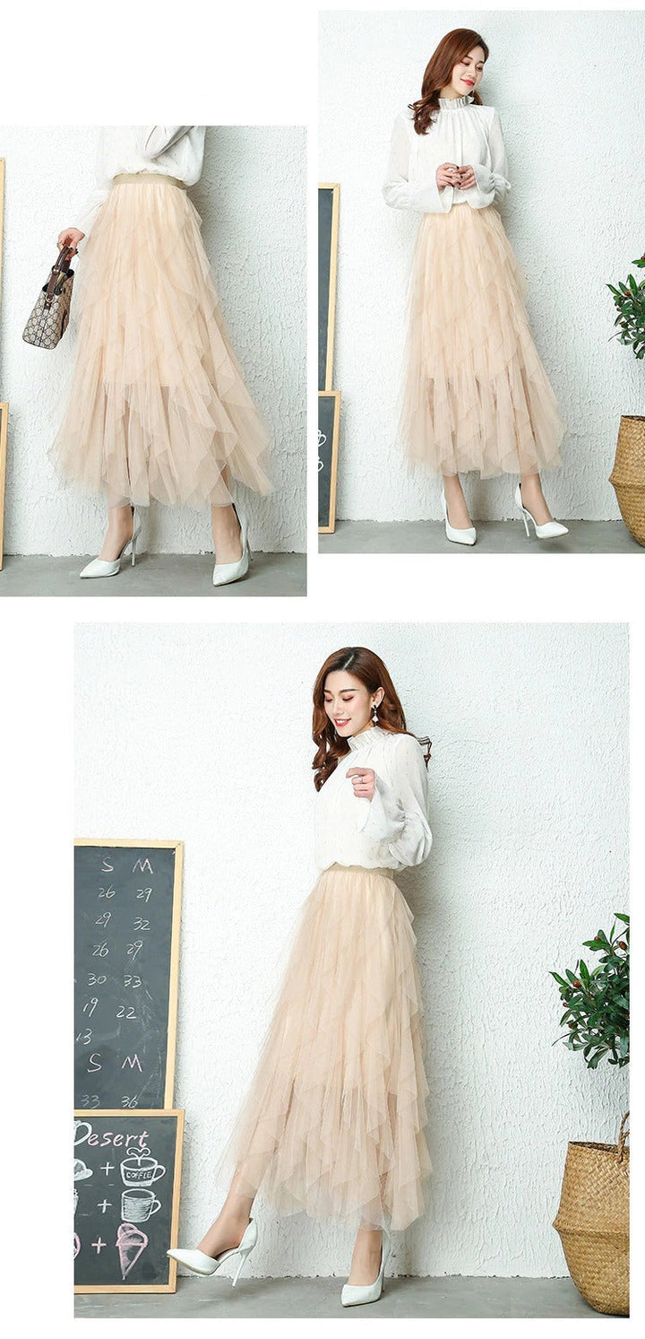 Aurora | Elegant High Waist Tiered Tulle Midi Skirt