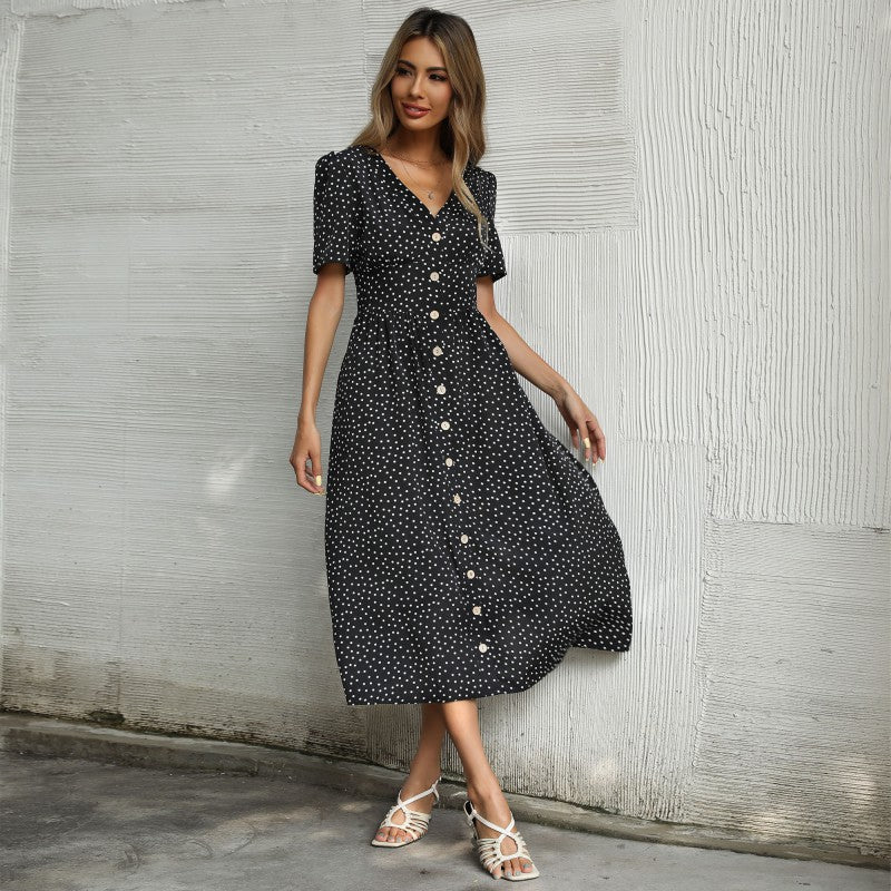 Aurora | Refined Polka Dot Button Front Midi Dress