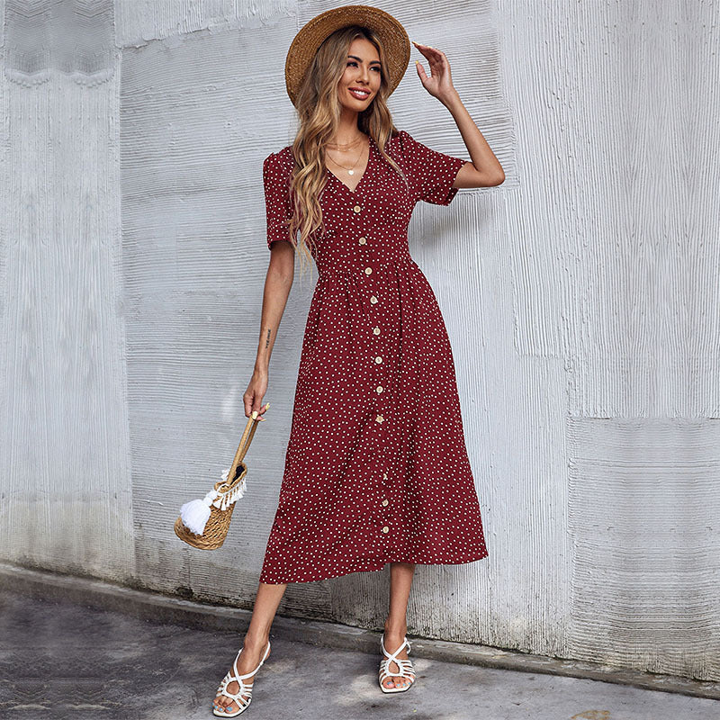 Aurora | Refined Polka Dot Button Front Midi Dress