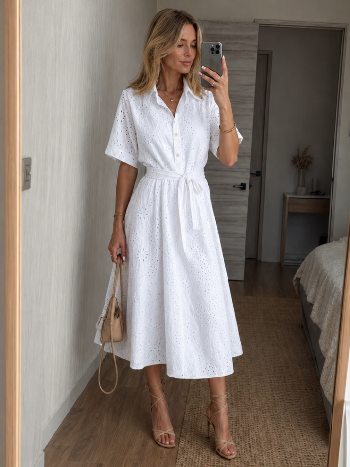 Ava | Chic Button-Front Waist Tie Midi Summer Dress