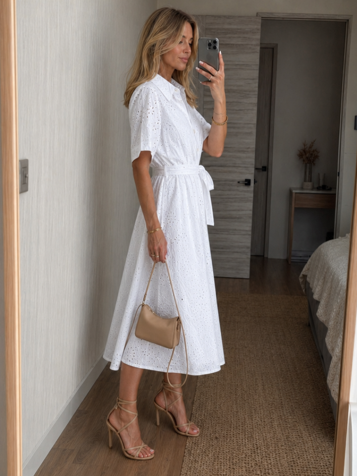 Ava | Chic Button-Front Waist Tie Midi Summer Dress