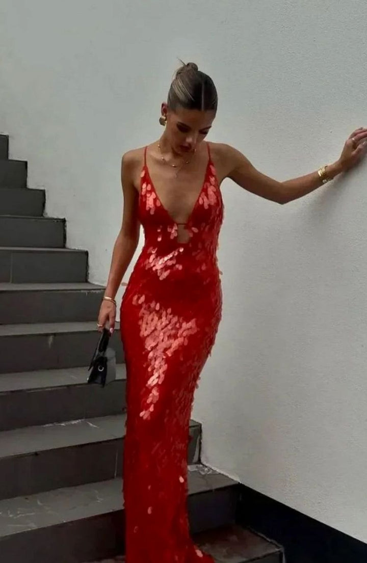Ava | Elegant Sequin Christmas Dress Deep V-Neck Maxi Gown