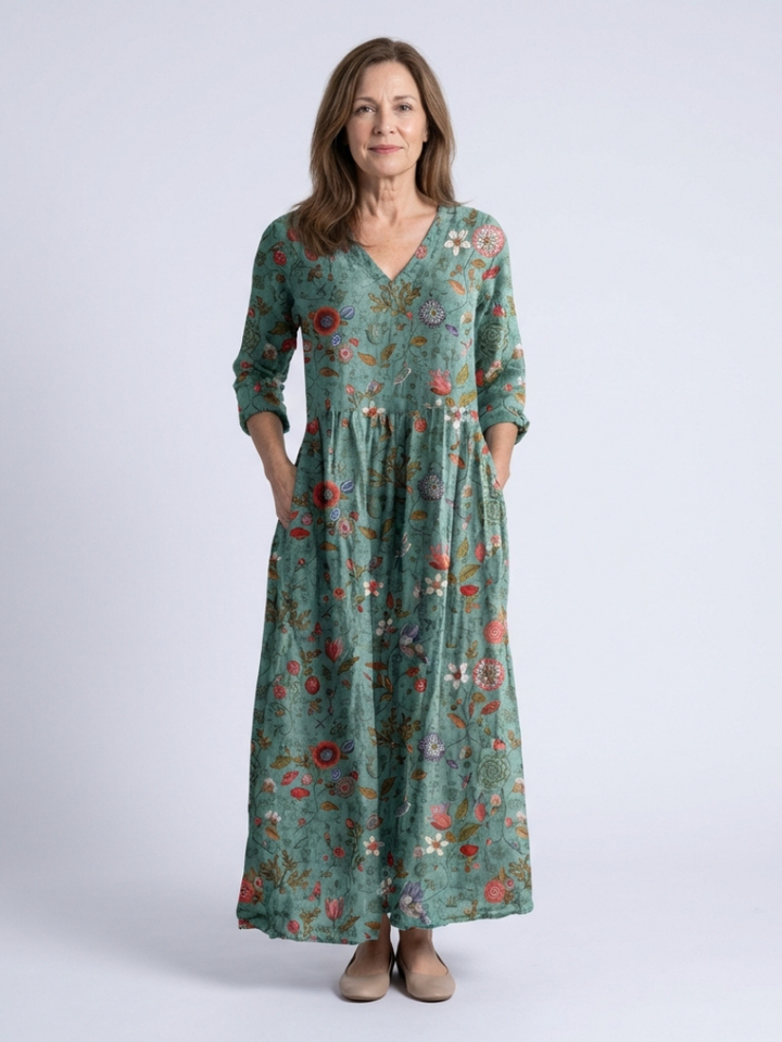 Ava | Refined Floral Print V-Neck Linen Maxi Dress