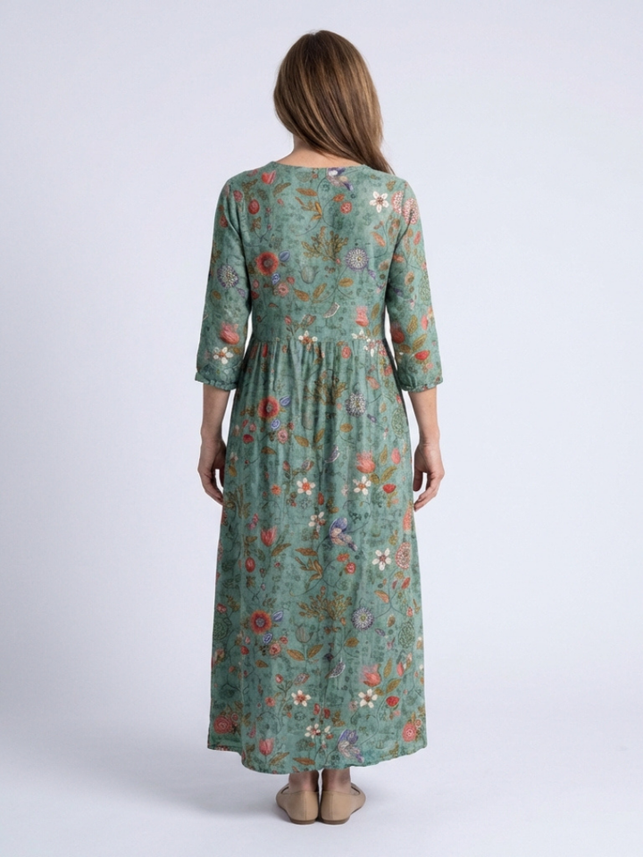 Ava | Refined Floral Print V-Neck Linen Maxi Dress
