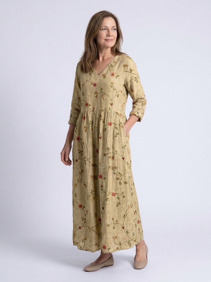 Ava | Refined Floral Print V-Neck Linen Maxi Dress