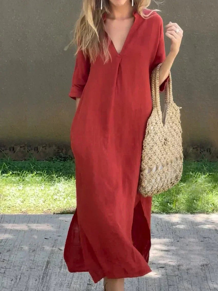 Ava | Stylish V-Neck Maxi Linen Dress Women