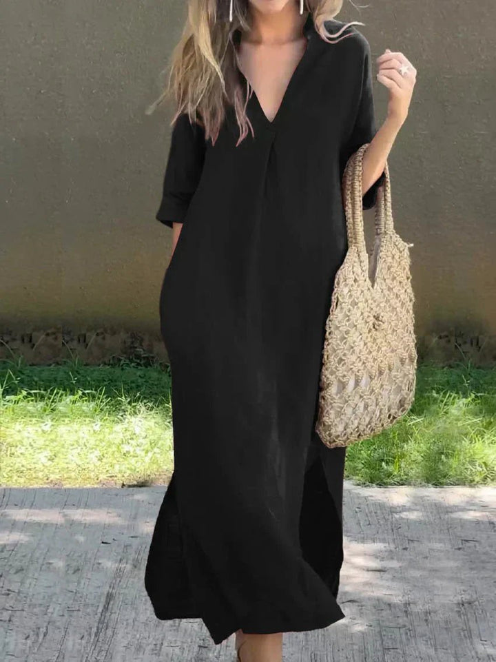 Ava | Stylish V-Neck Maxi Linen Dress Women