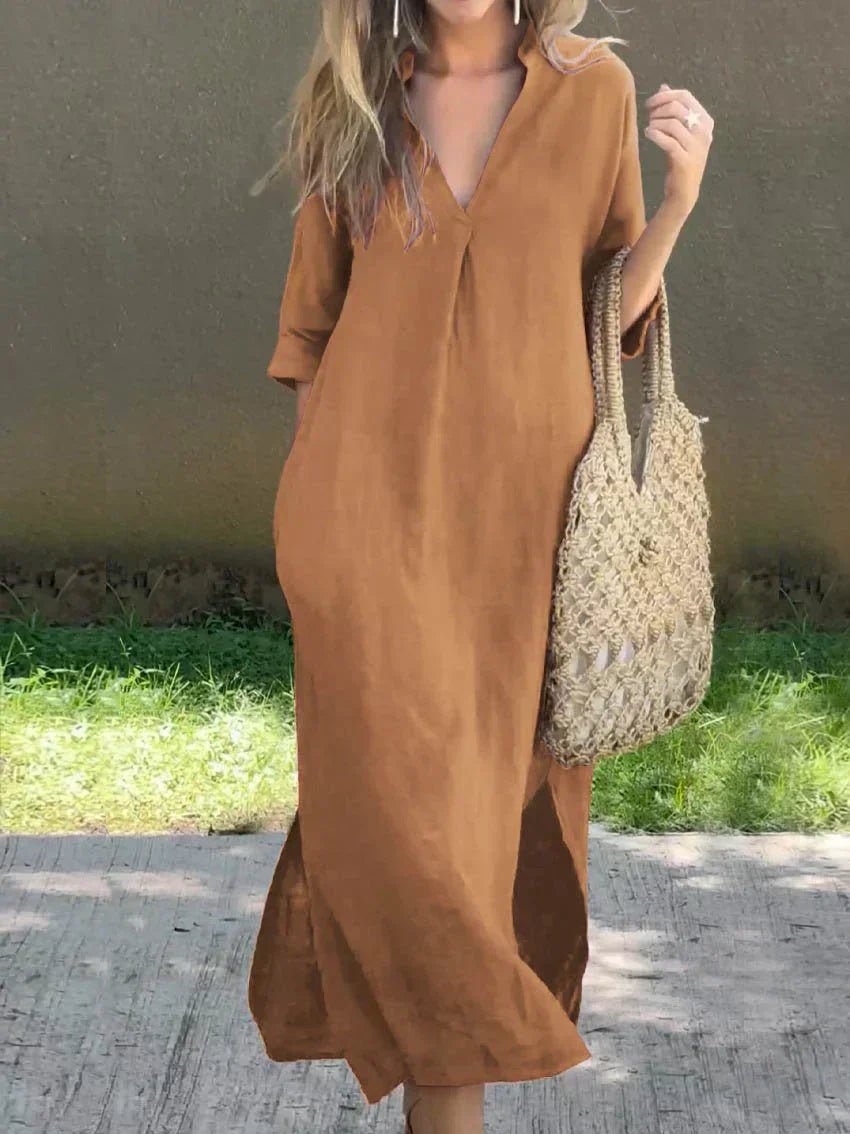 Ava | Stylish V-Neck Maxi Linen Dress Women