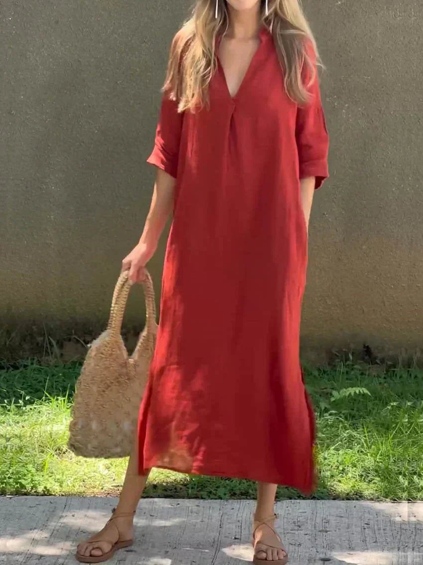 Ava | Stylish V-Neck Maxi Linen Dress Women