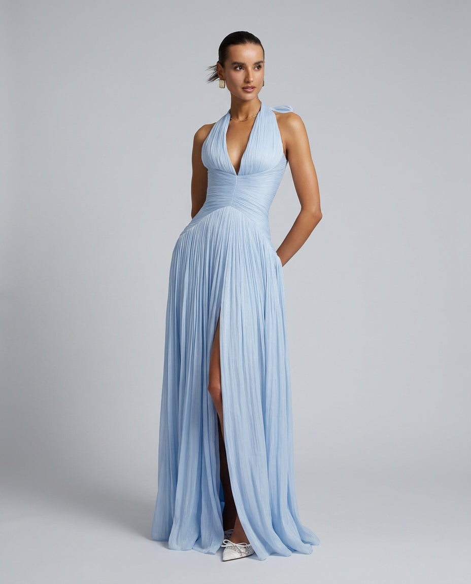 Ayla | Chic Plunge Neck Pleated Races Dress with Slit