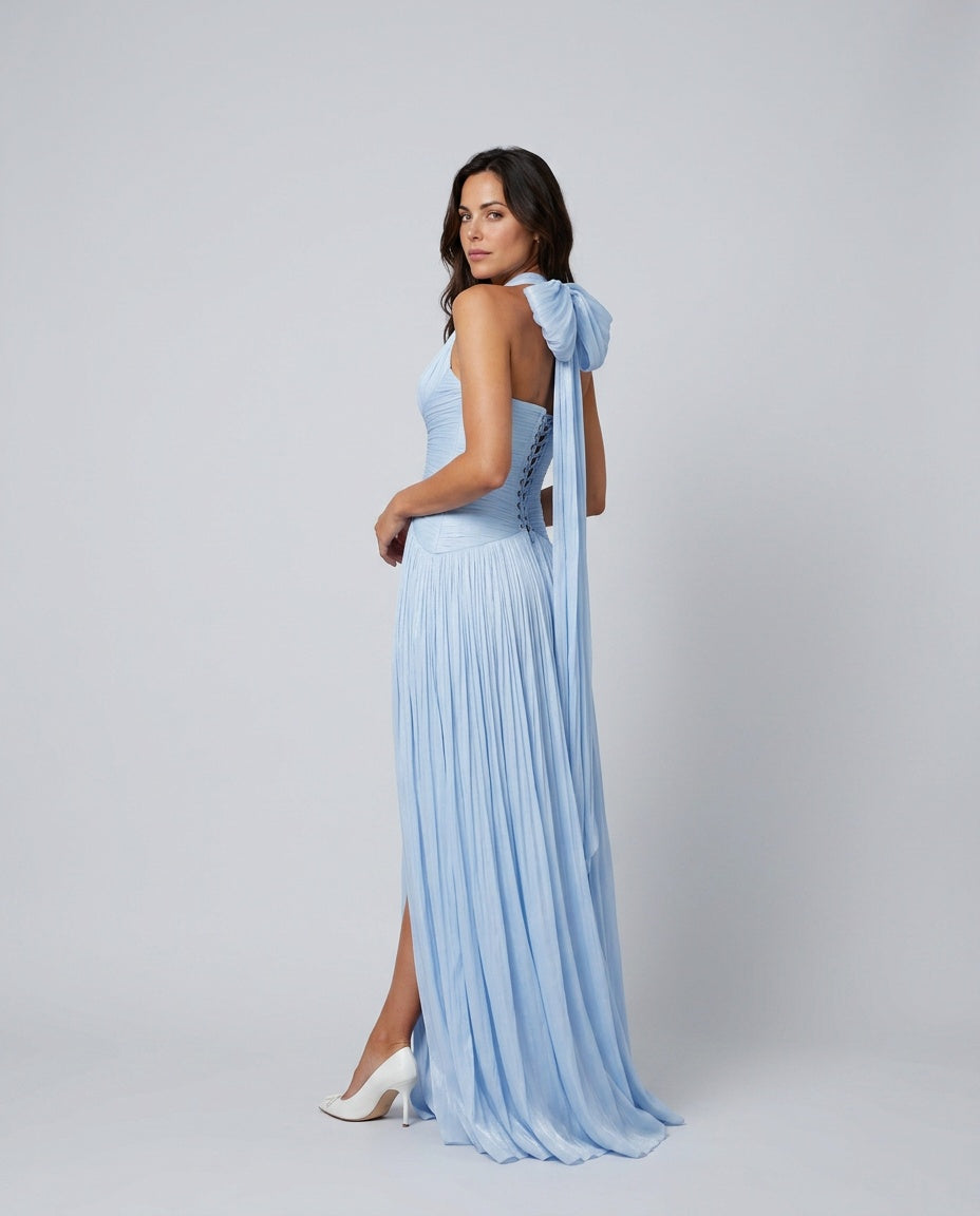 Ayla | Chic Plunge Neck Pleated Races Dress with Slit