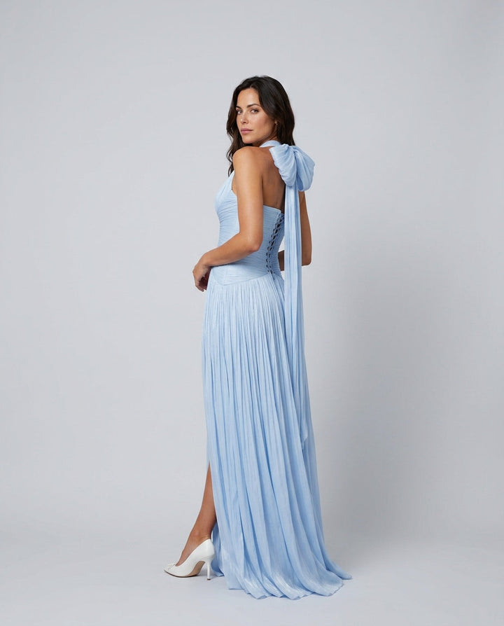 Ayla | Chic Plunge Neck Pleated Races Dress with Slit