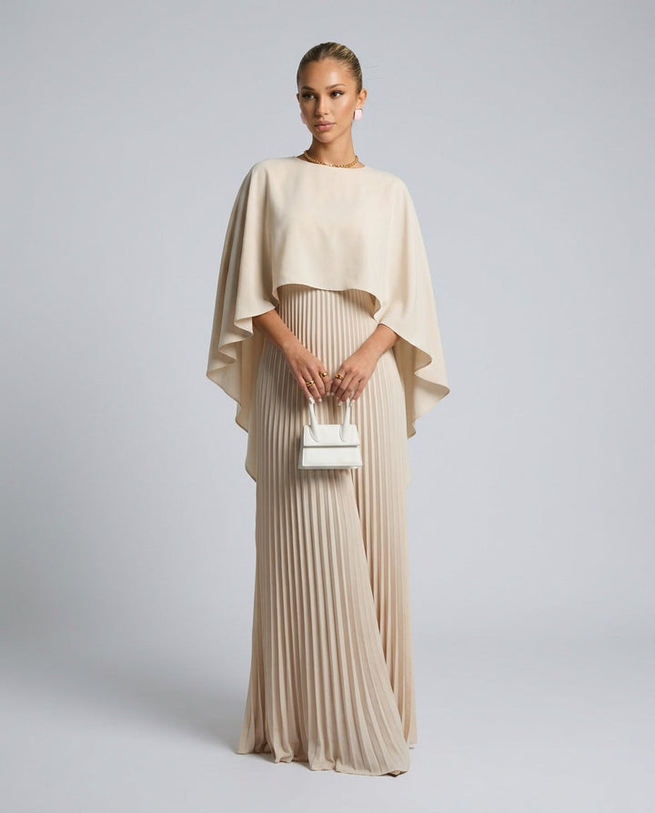 Ayla | Polished Cape Overlay Pleated Maxi Race Dress