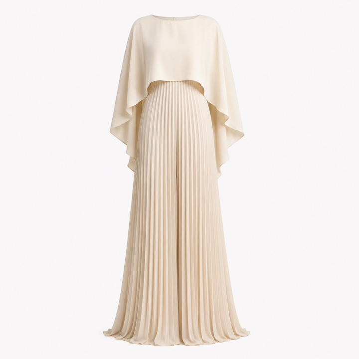 Ayla | Polished Cape Overlay Pleated Maxi Race Dress