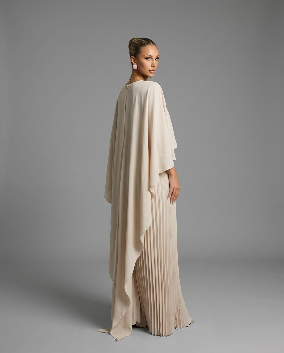 Ayla | Polished Cape Overlay Pleated Maxi Race Dress