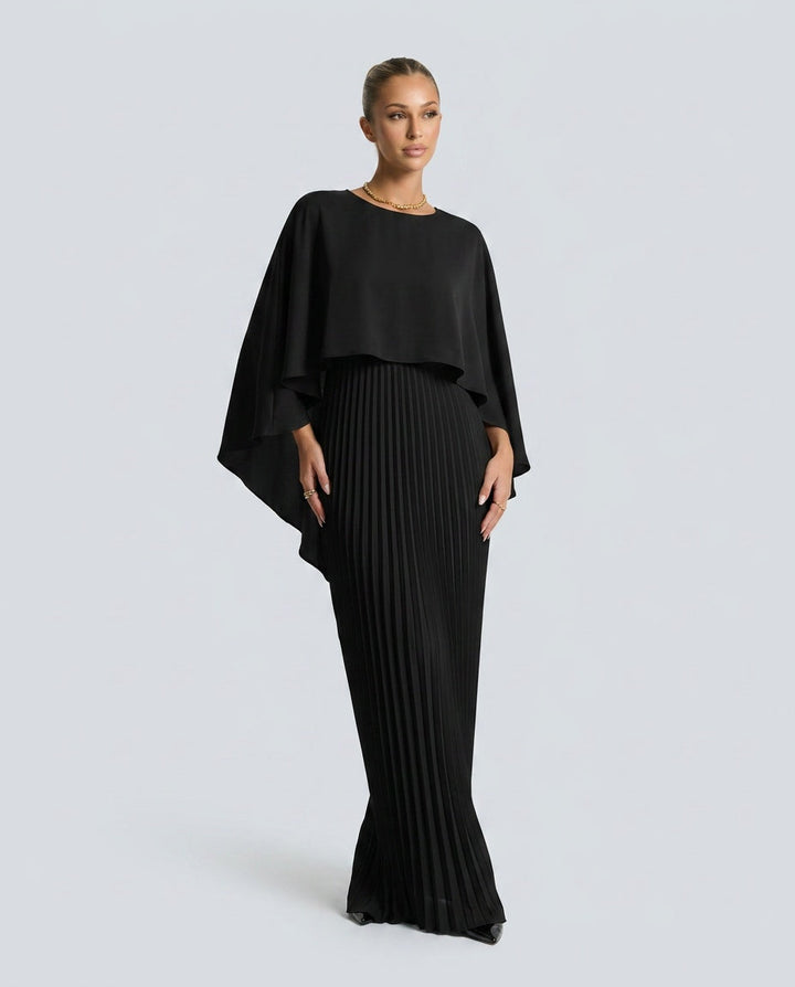 Ayla | Polished Cape Overlay Pleated Maxi Race Dress