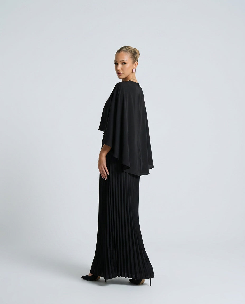 Ayla | Polished Cape Overlay Pleated Maxi Race Dress