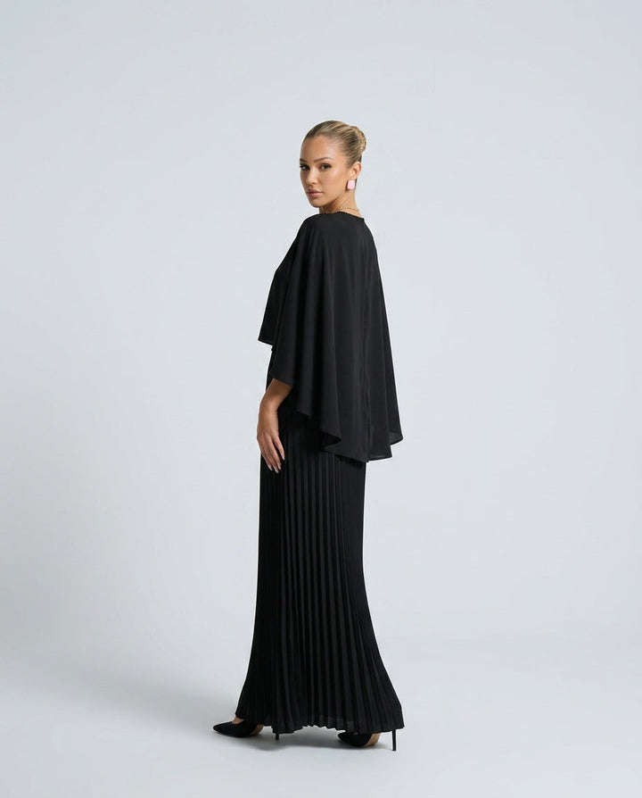 Ayla | Polished Cape Overlay Pleated Maxi Race Dress