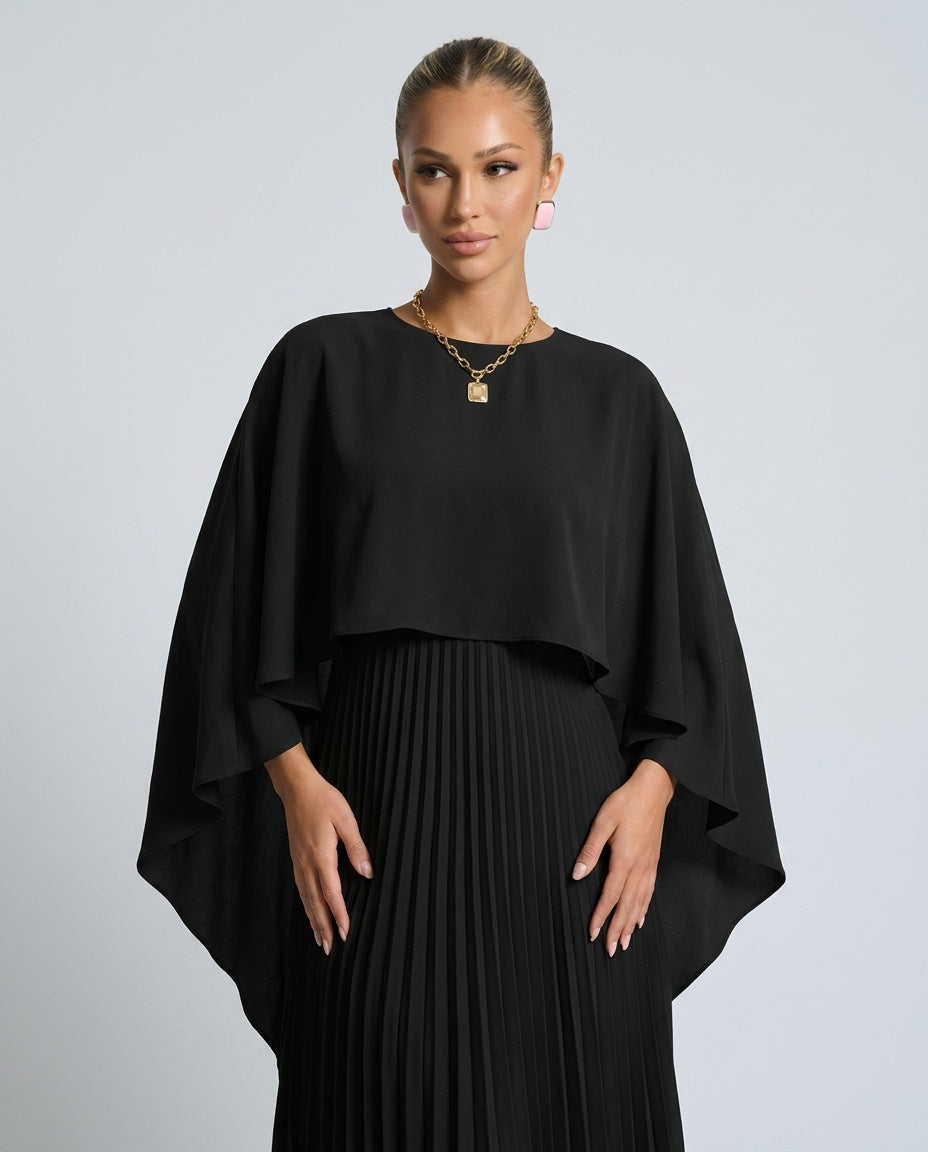 Ayla | Polished Cape Overlay Pleated Maxi Race Dress