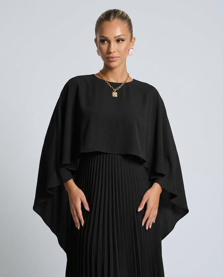 Ayla | Polished Cape Overlay Pleated Maxi Race Dress