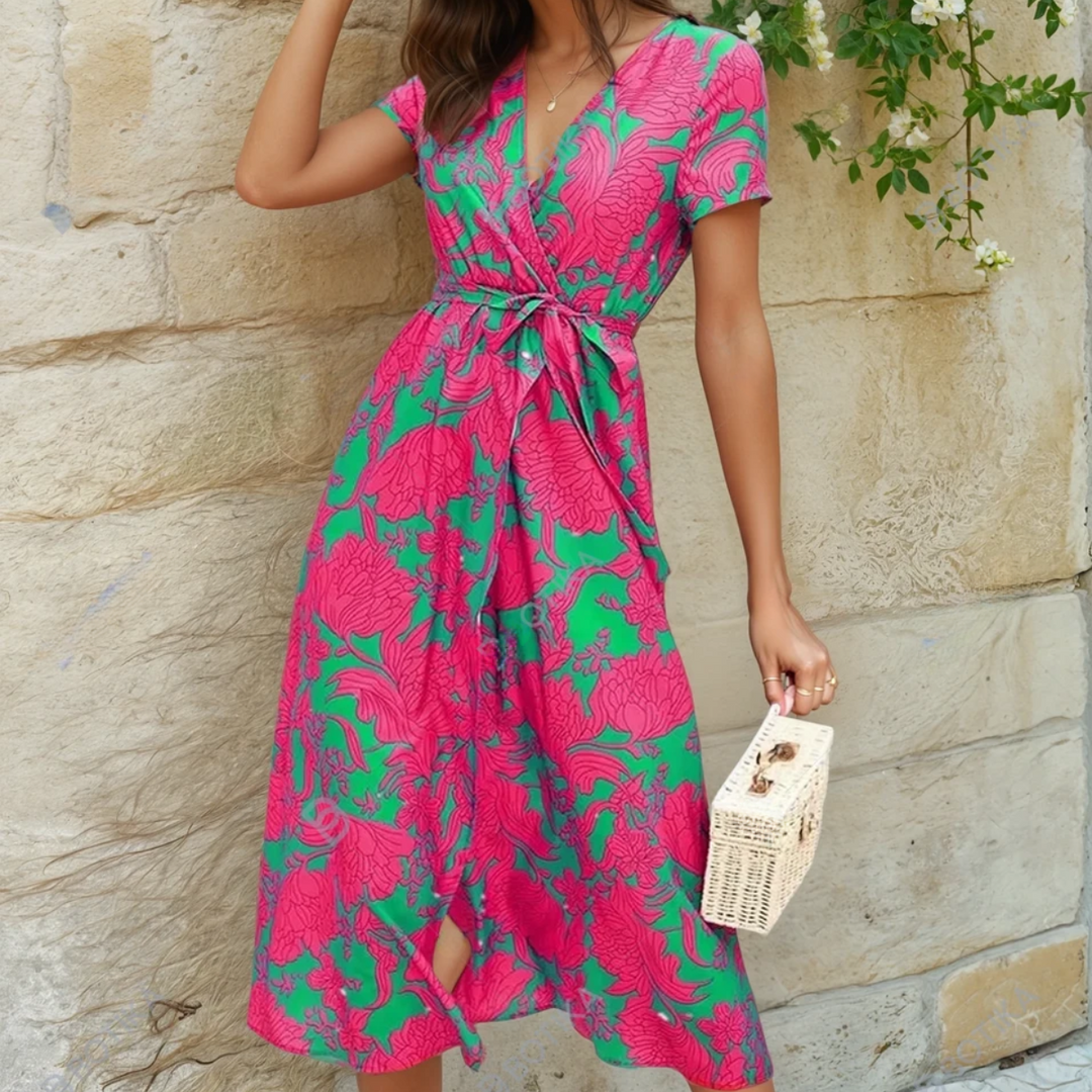 Ayla | Refined Floral Midi Dress with Waist Tie