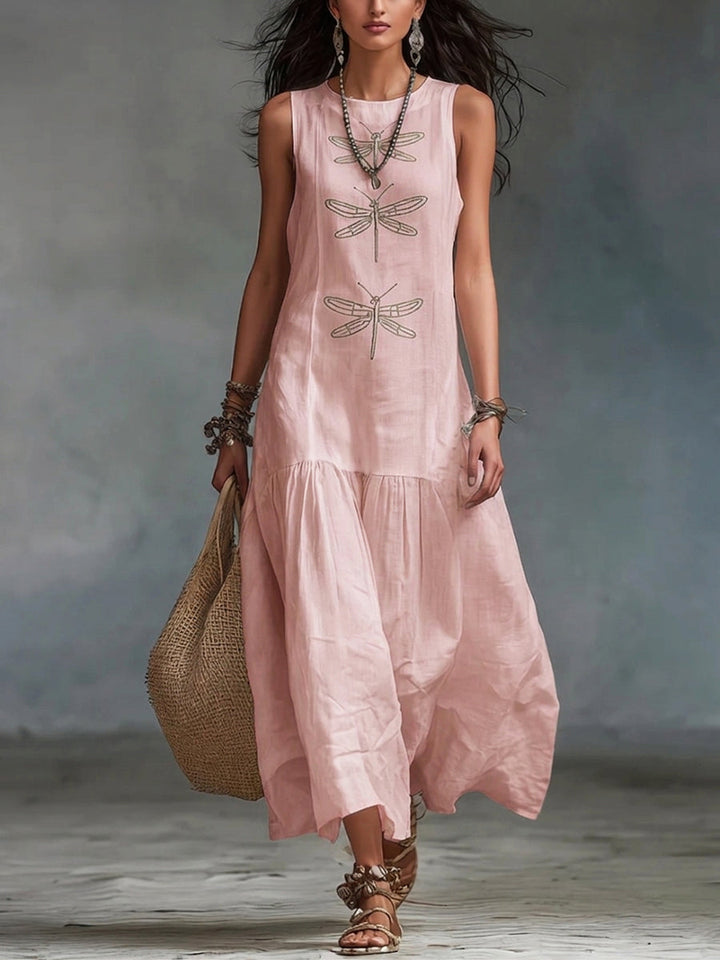 Ayla | Stylish Embroidered Dragonfly Maxi Linen Dress