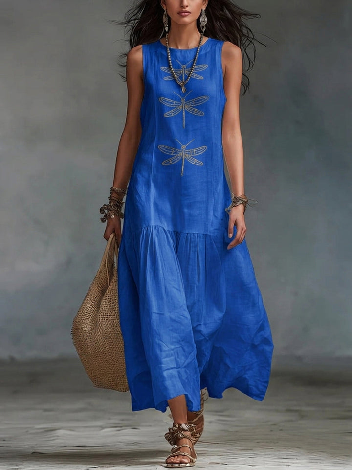 Ayla | Stylish Embroidered Dragonfly Maxi Linen Dress