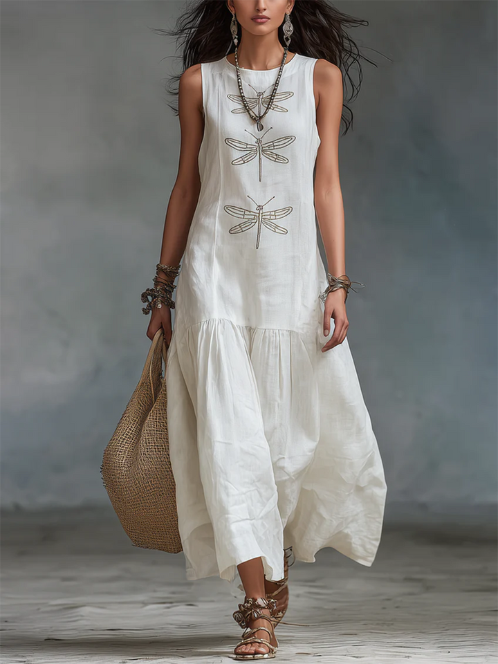 Ayla | Stylish Embroidered Dragonfly Maxi Linen Dress