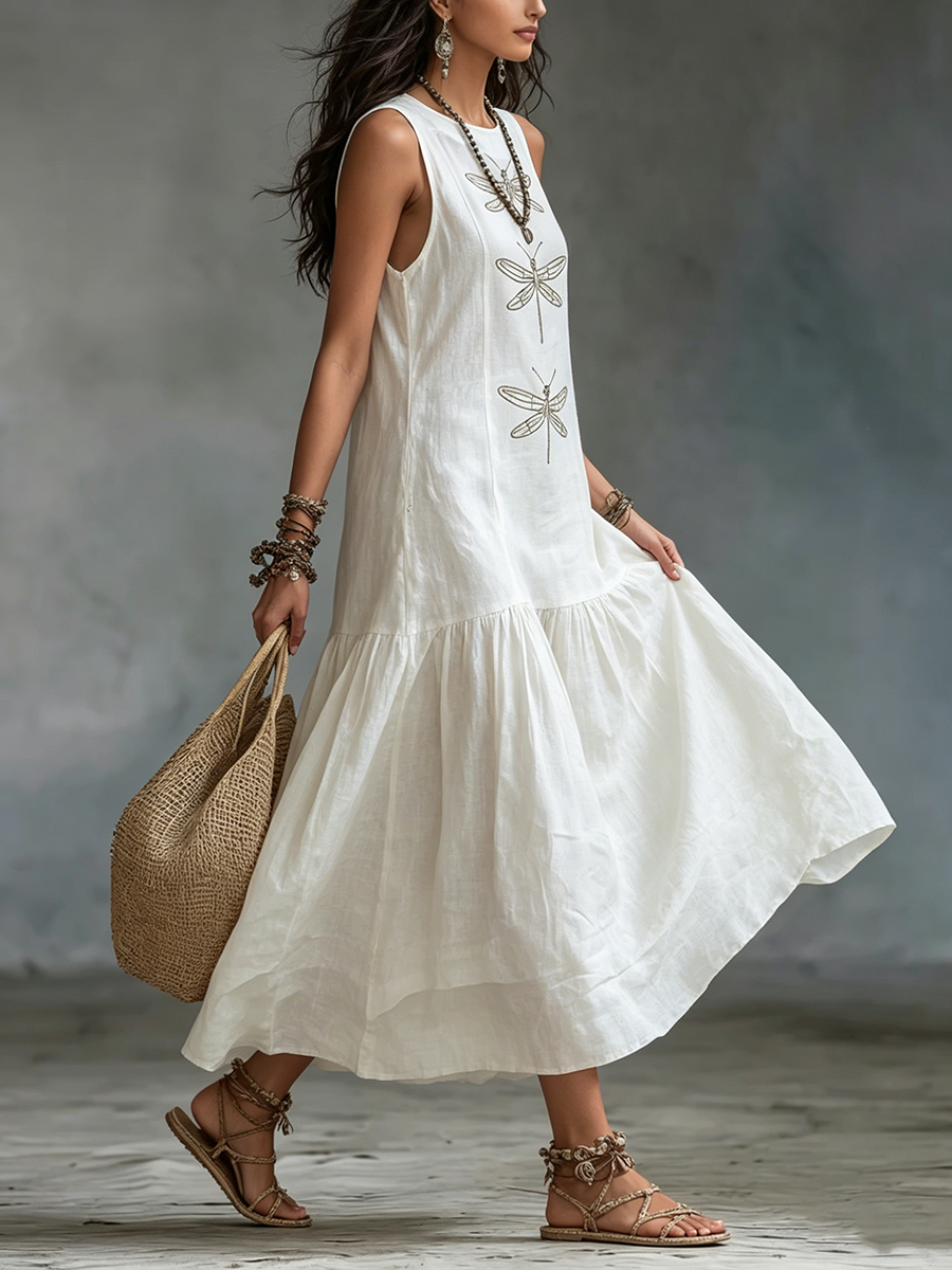 Ayla | Stylish Embroidered Dragonfly Maxi Linen Dress