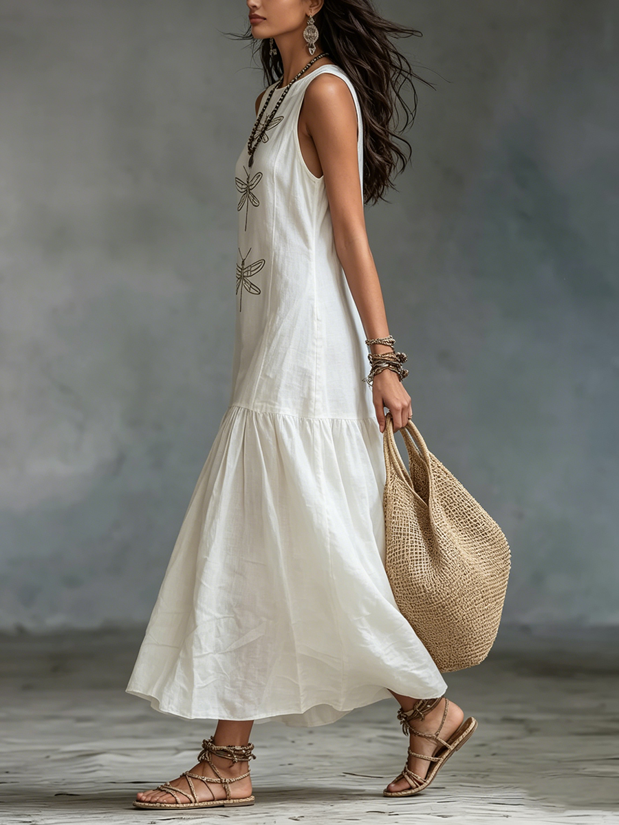 Ayla | Stylish Embroidered Dragonfly Maxi Linen Dress