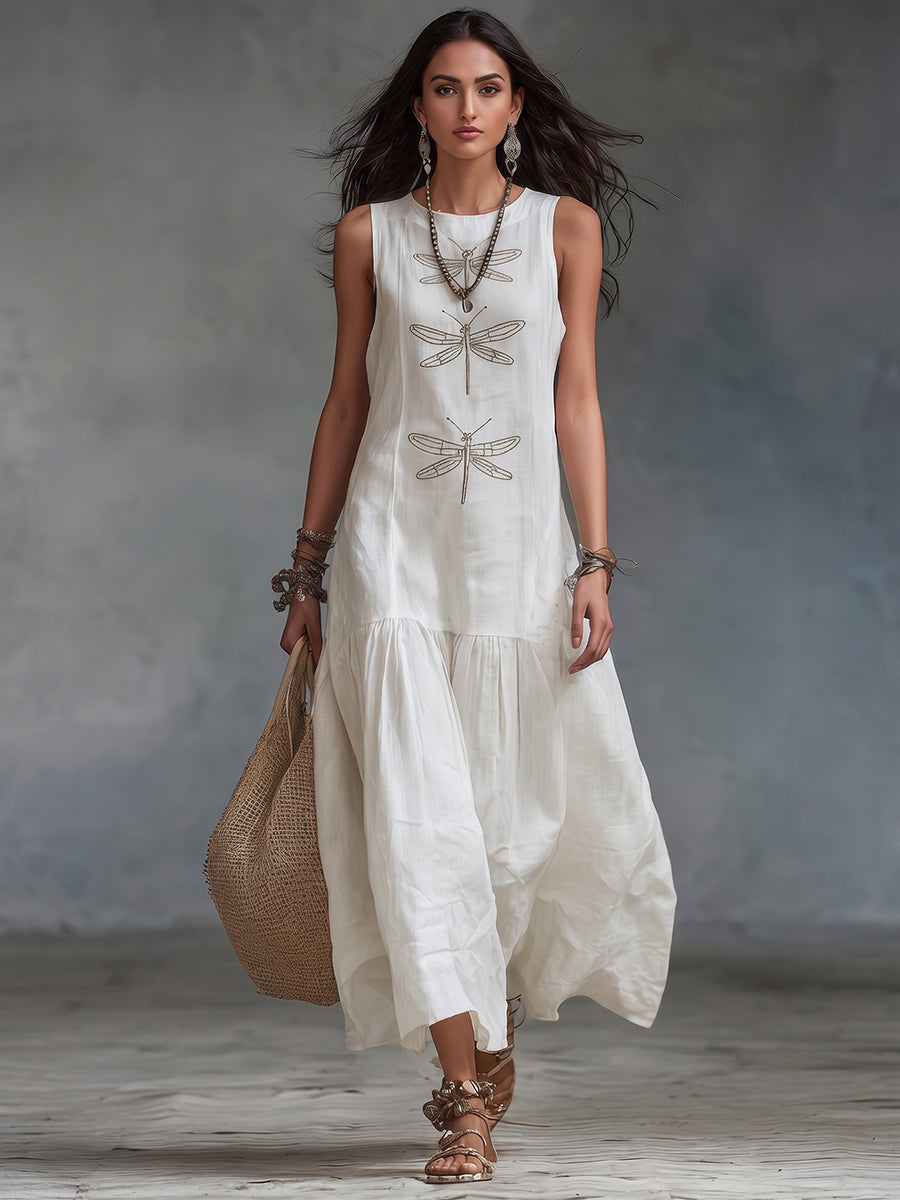 Ayla | Stylish Embroidered Dragonfly Maxi Linen Dress