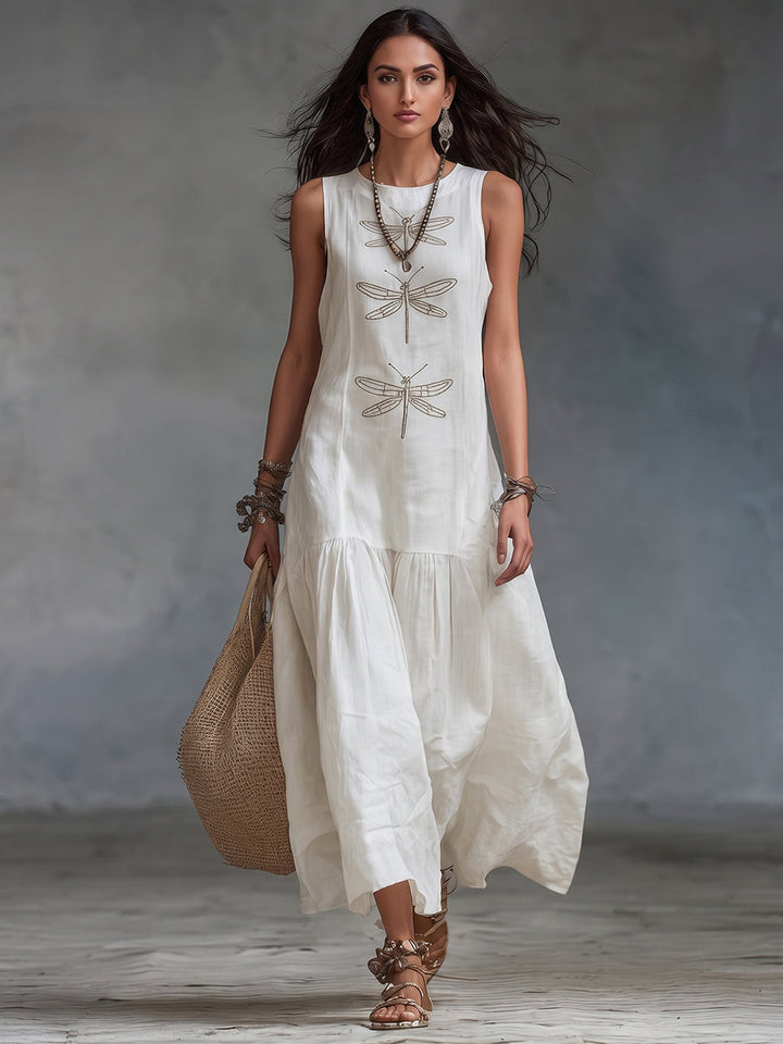 Ayla | Stylish Embroidered Dragonfly Maxi Linen Dress