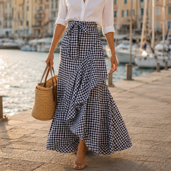 Bella | High Waist Gingham Ruffle Maxi Skirt
