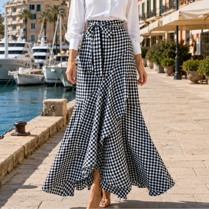 Bella | High Waist Gingham Ruffle Maxi Skirt