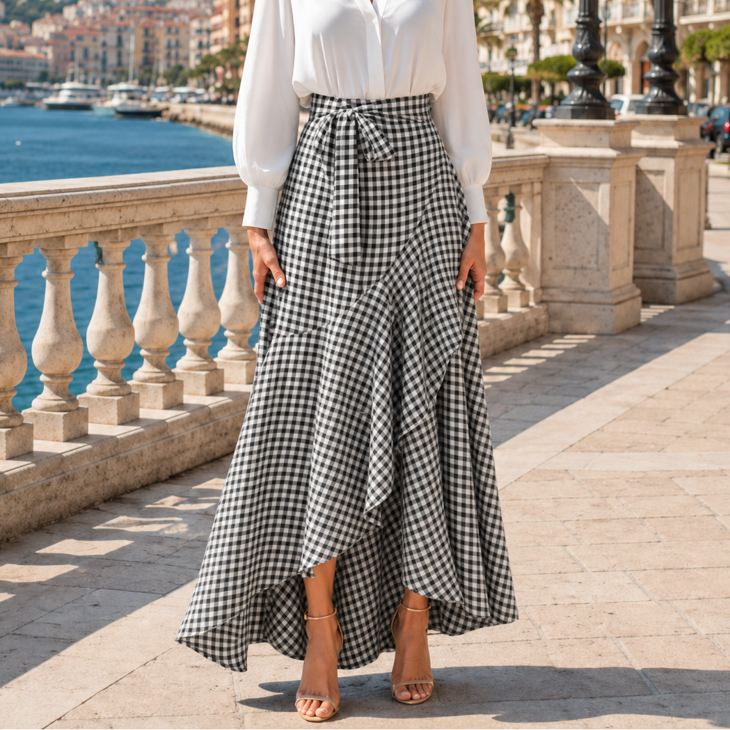 Bella | High Waist Gingham Ruffle Maxi Skirt