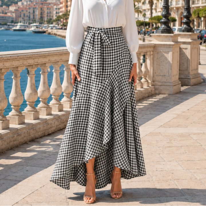 Bella | High Waist Gingham Ruffle Maxi Skirt