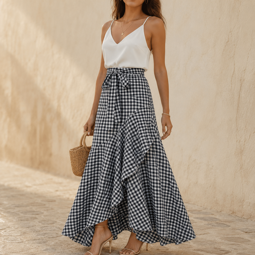 Bella | High Waist Gingham Ruffle Maxi Skirt