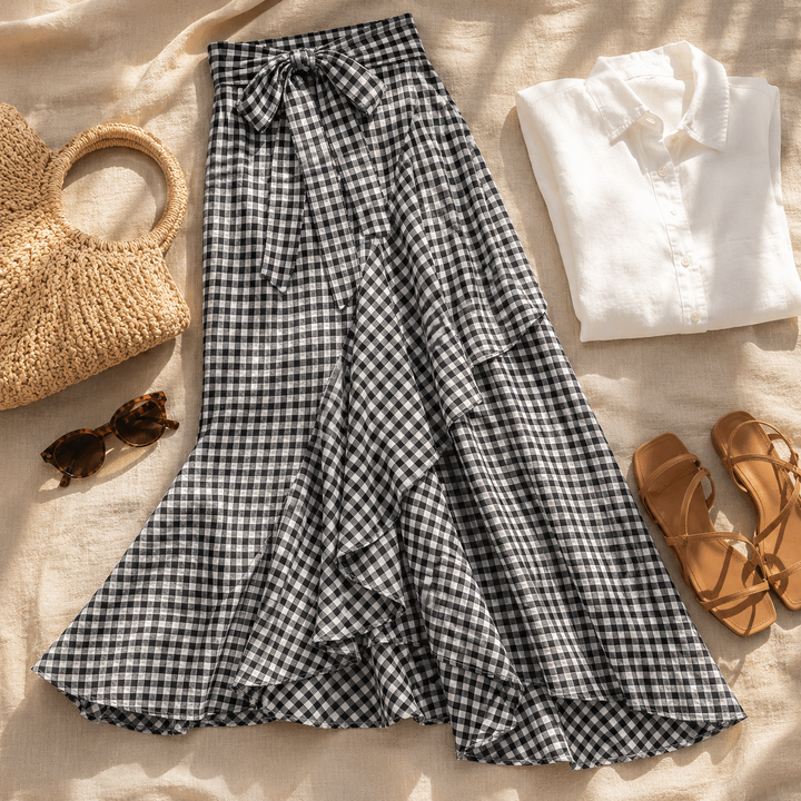 Bella | High Waist Gingham Ruffle Maxi Skirt