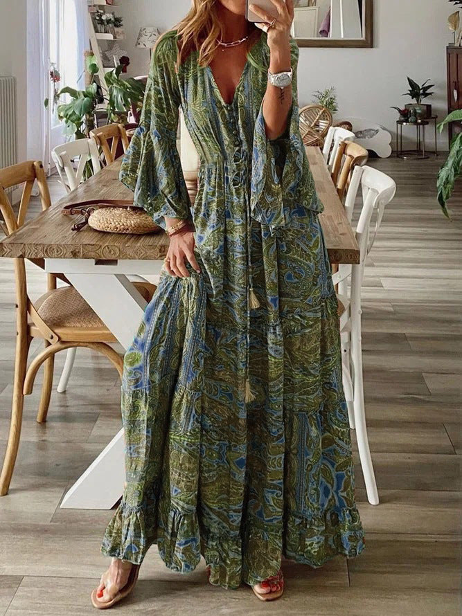 Bella | Paisley Maxi Boho Dress with Flared Sleeves