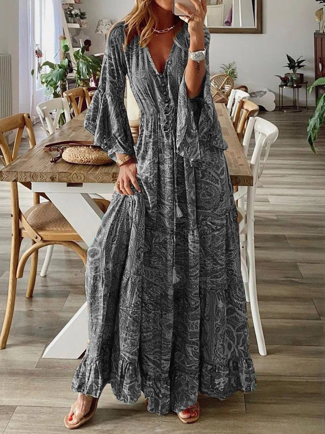 Bella | Paisley Maxi Boho Dress with Flared Sleeves