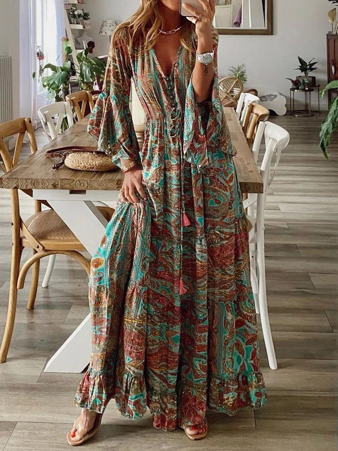 Bella | Paisley Maxi Boho Dress with Flared Sleeves