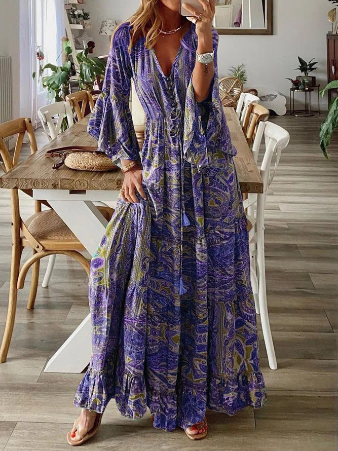 Bella | Paisley Maxi Boho Dress with Flared Sleeves