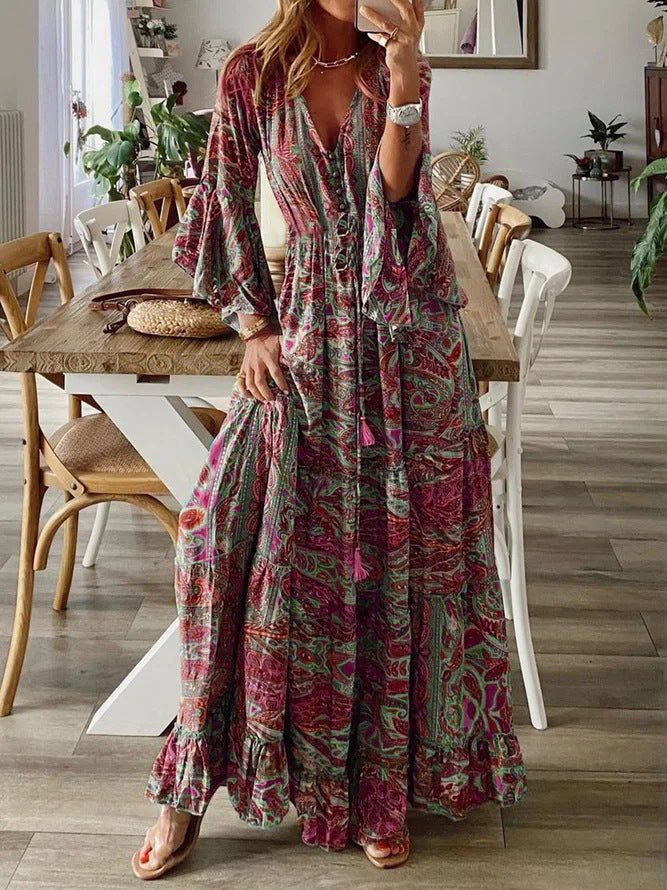 Bella | Paisley Maxi Boho Dress with Flared Sleeves