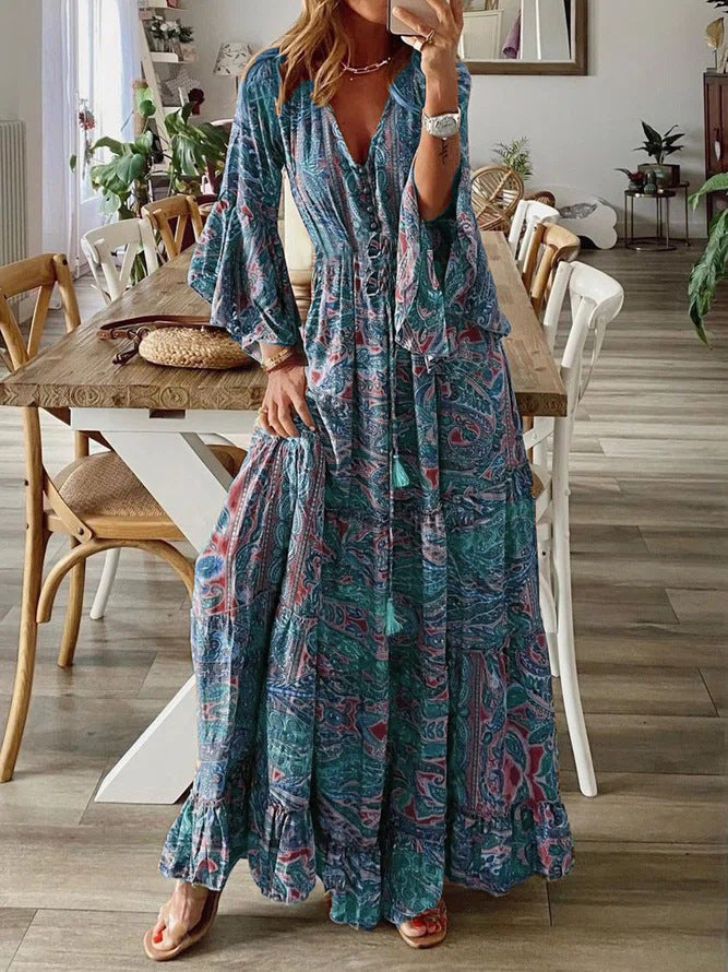 Bella | Paisley Maxi Boho Dress with Flared Sleeves
