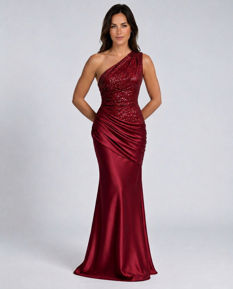 Bella | Refined One Shoulder Glitter Maxi Party Dress