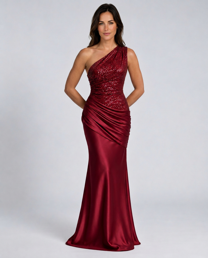 Bella | Refined One Shoulder Glitter Maxi Party Dress