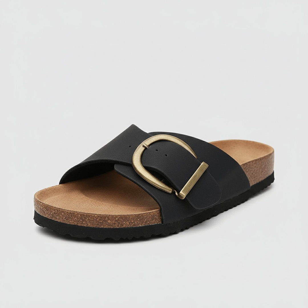 Bella | Refined Wide Strap Buckle Flat Sandals
